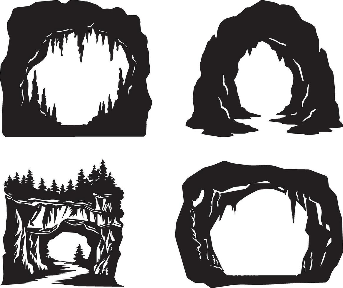 Cave Entrance Silhouette Icon Set vector