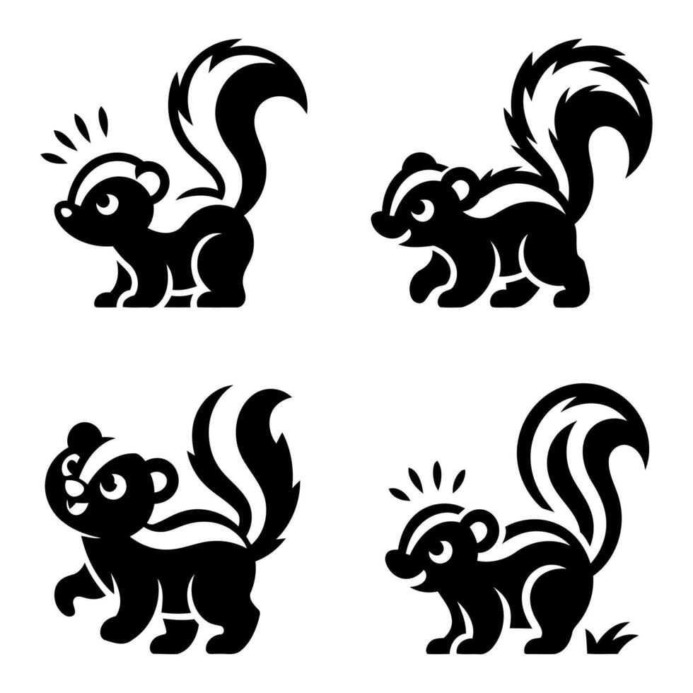 Four adorable black and white skunk illustrations vector