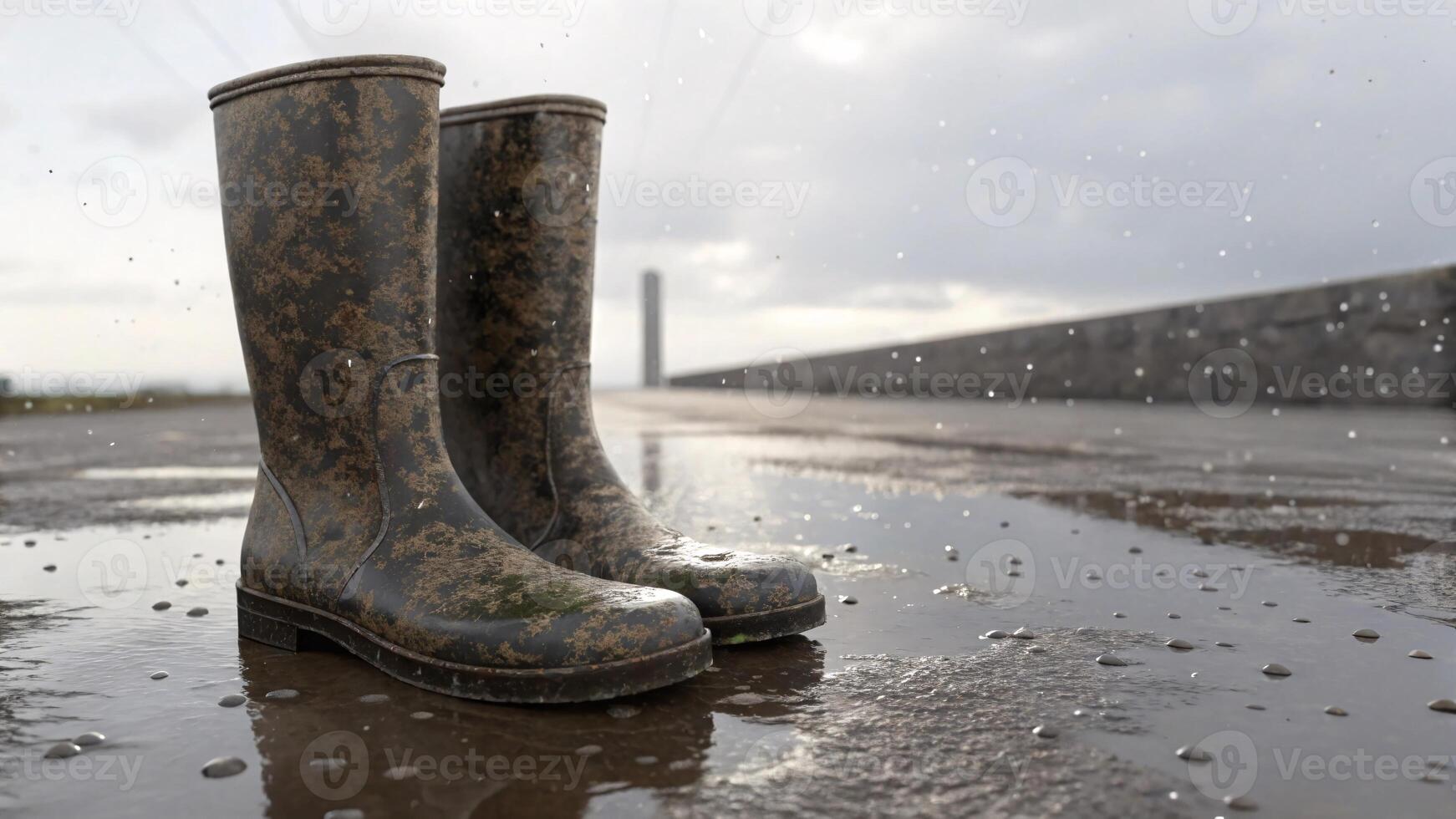 A pair of rubber boots standing in a puddle under rain. photo