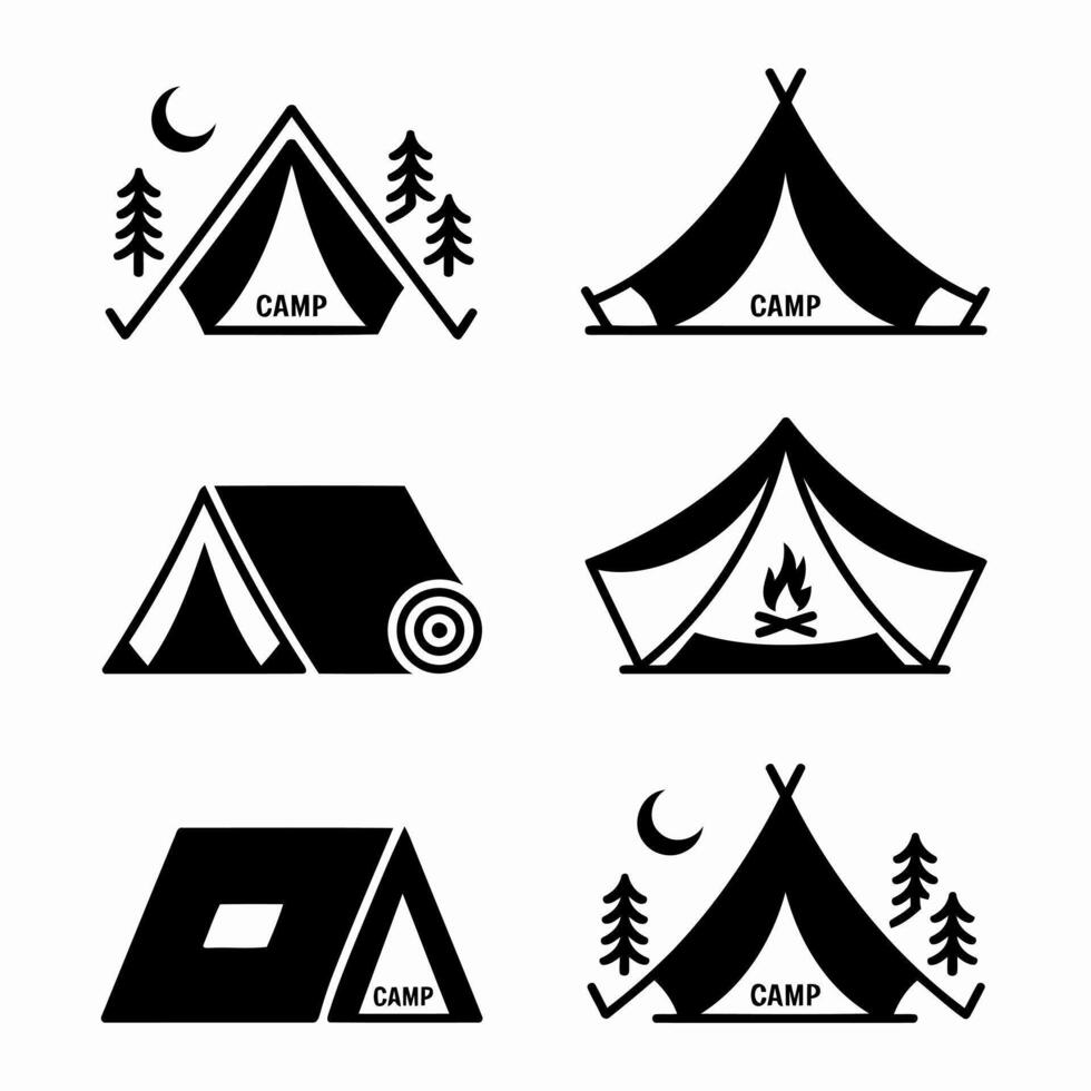 Collection of black and white camping tent icons vector