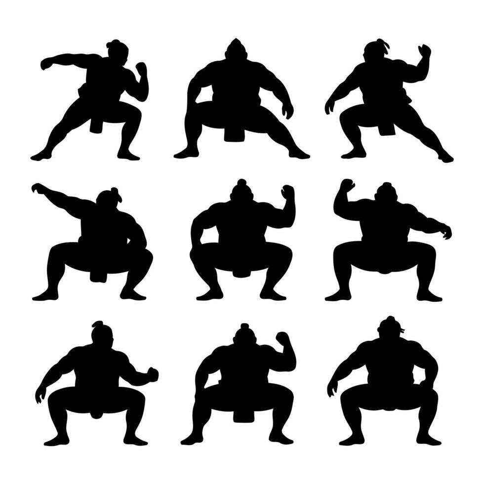 Nine sumo wrestler silhouettes in various poses vector