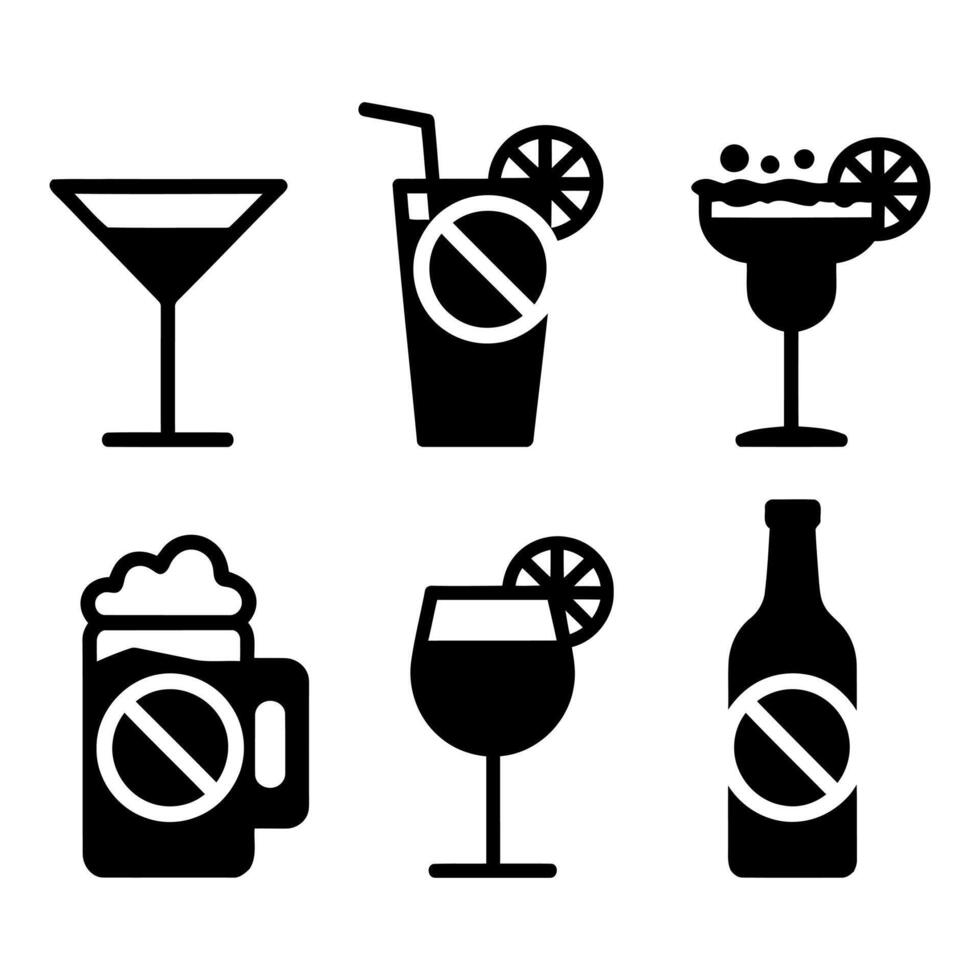 Alcohol prohibition icons no drinking symbols vector