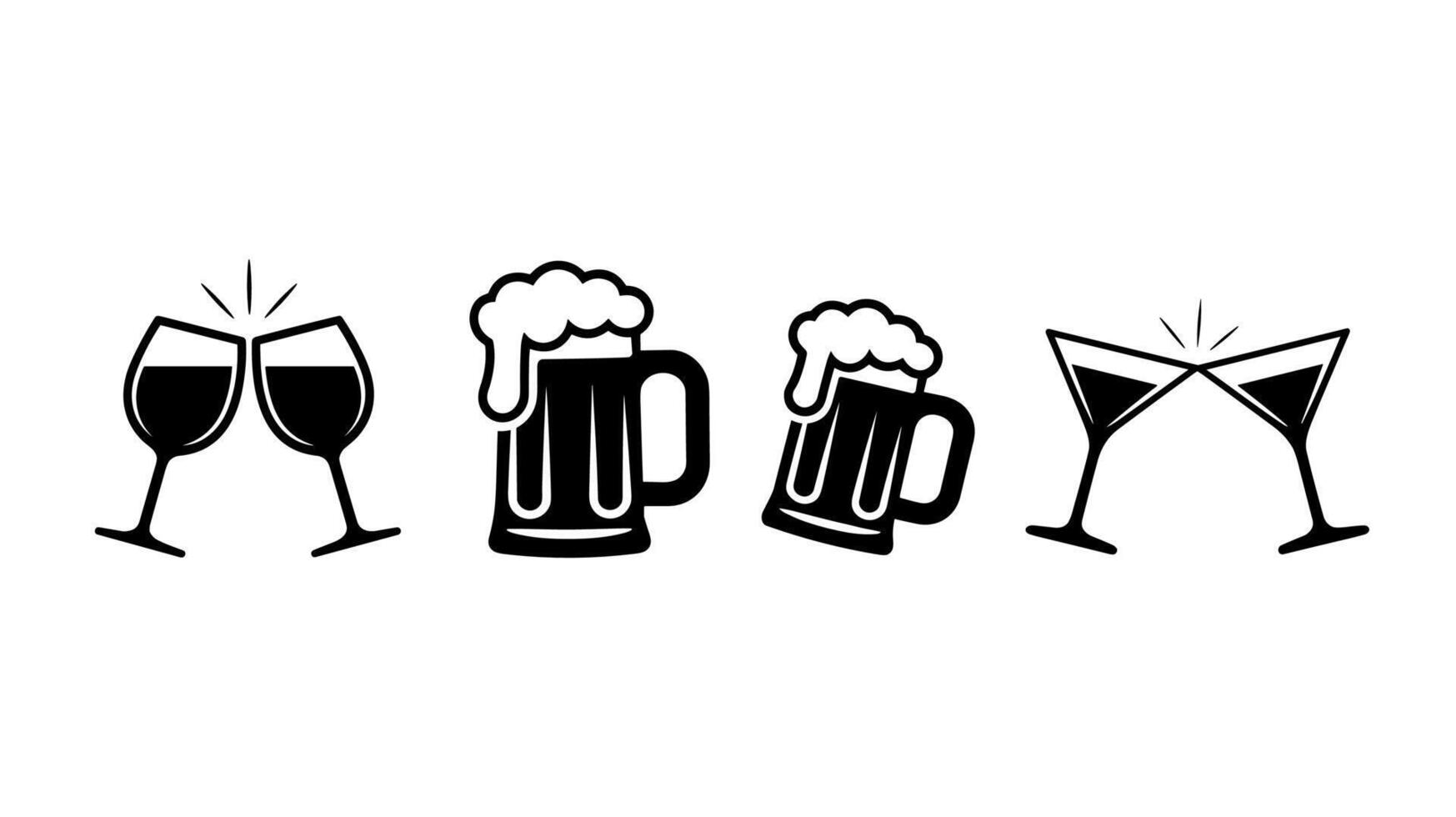 Simple Black And White Toasting Wine Glasses, Beer Mugs, And Cocktails Vectors Silhouette On White Background.