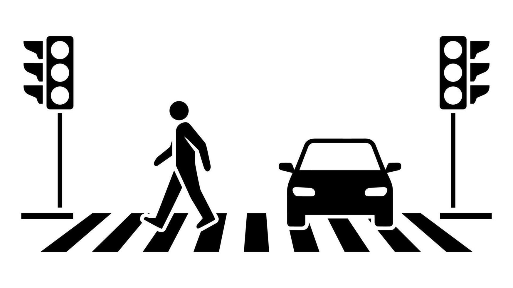 A Black and white of pedestrian crossing road between cars at traffic lights vector