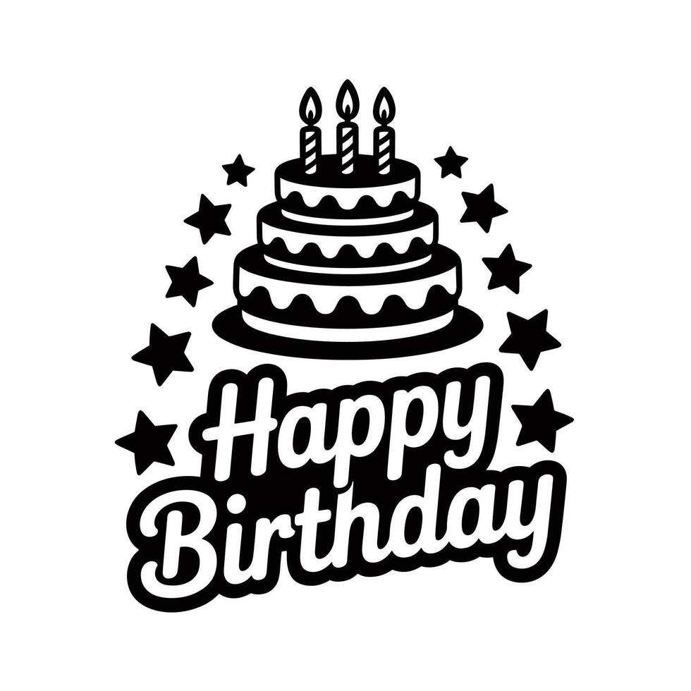 Happy Birthday Lettering with Cake, Candles, and Stars in Black and White vector
