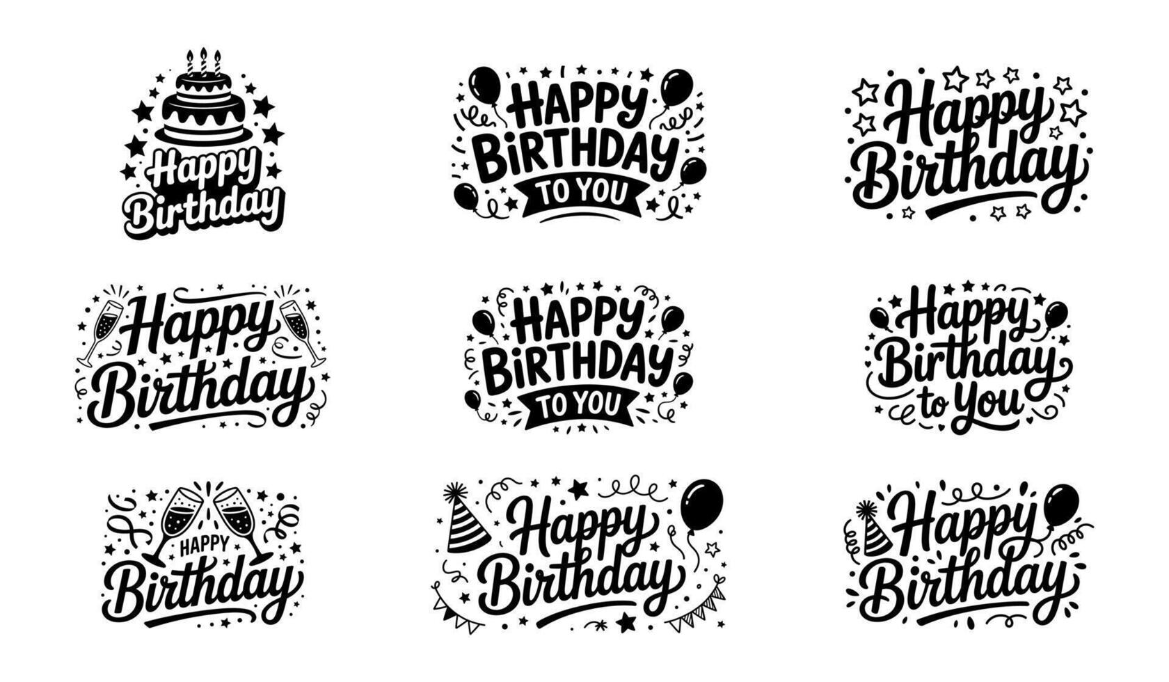 Set of Hand Drawn Happy Birthday Lettering Designs with Celebration Elements Vectors Illustration