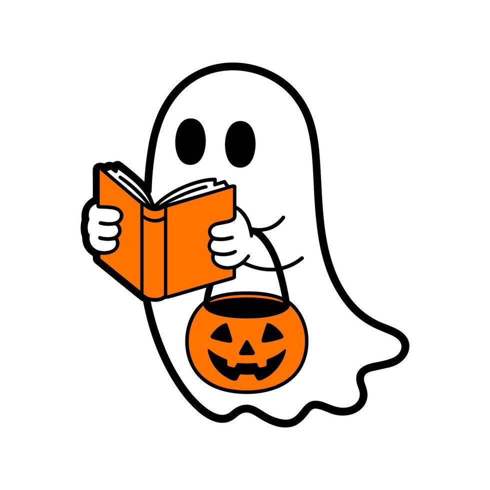 Spooky Ghost Reading a Book with Halloween Pumpkin vector