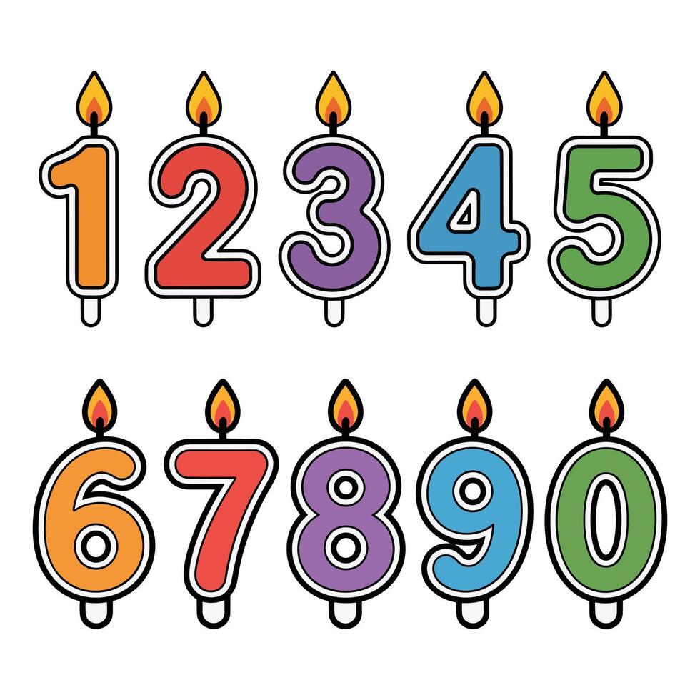 Colorful Birthday Number Candles 0 1 2 3 4 5 6 7 8 9 with Flame Vectors Illustration.