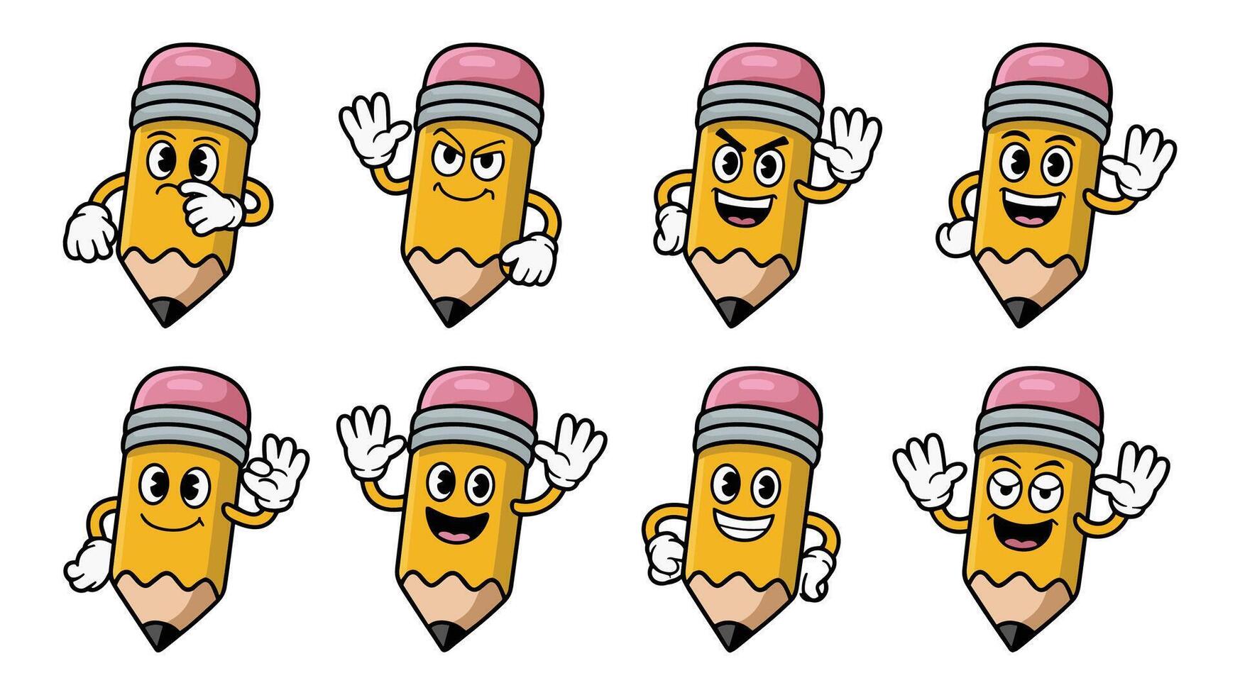 Set of funny cartoon pencil characters with different facial expressions and poses vector