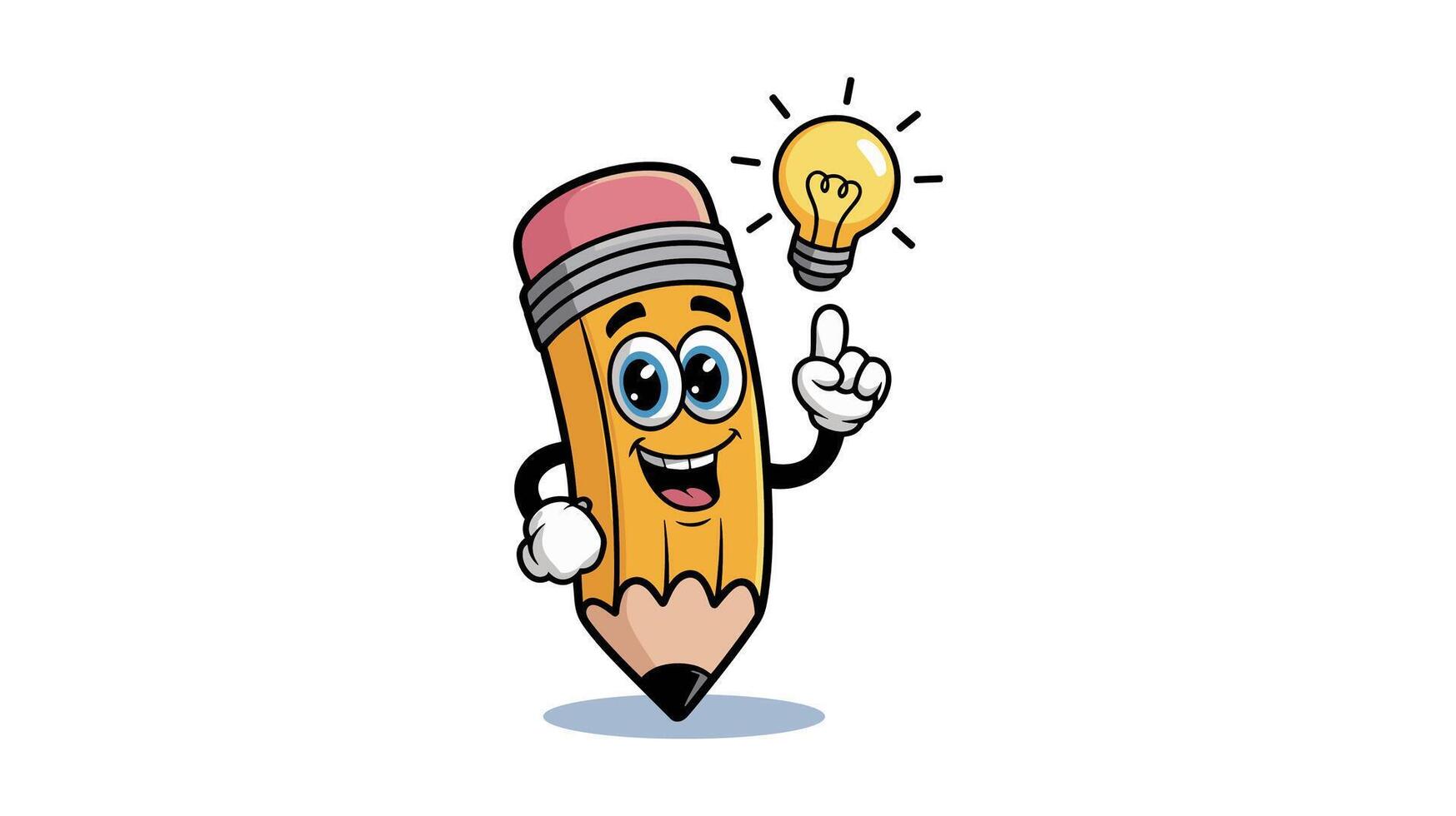 Funny cartoon pencil character with a bright idea and glowing lightbulb vector