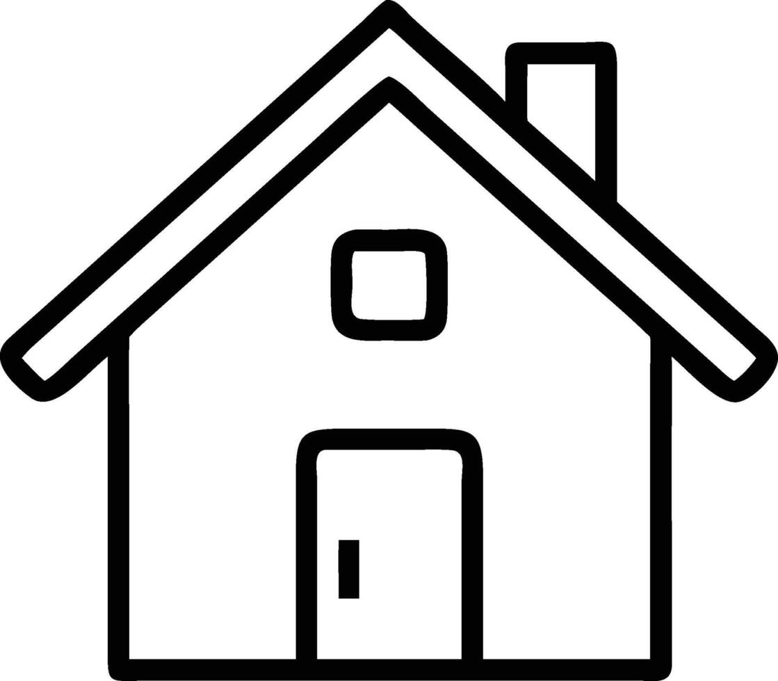 Simple line drawing of a house with a door, window, roof, and chimney, isolated on white background vector
