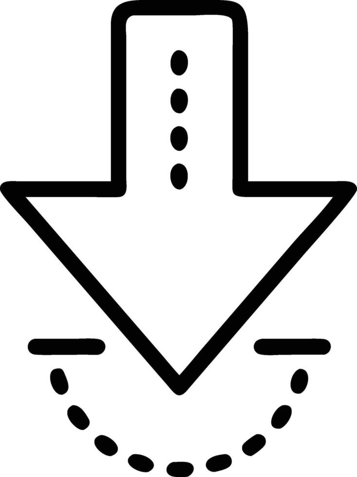 A downward arrow with dotted lines and a semi circle below it in a simple line drawing style icon vector