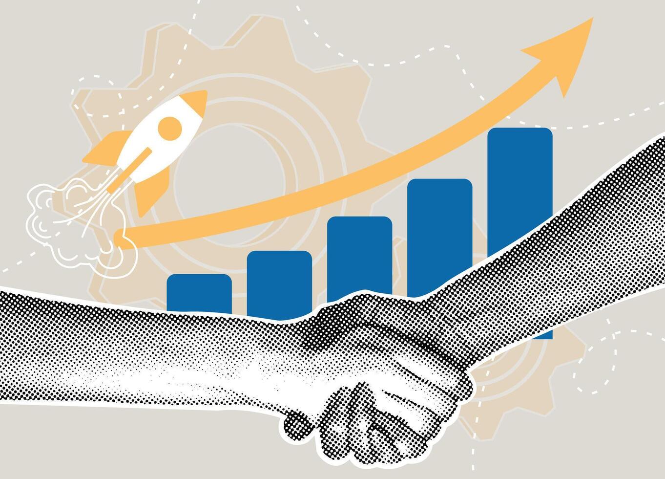Trendy halftone collage. Business partnership and growth. Concept of agreement, launch, and sales schedule, transactions. illustration vector