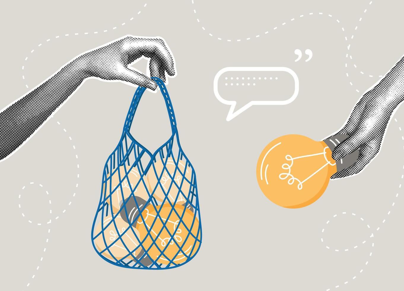 Trendy halftone collage. Hand holding a bag of light bulbs. Exchange of sustainable ideas. Concept of innovation, new ideas, creativity, inspiration, plagiarism. vector