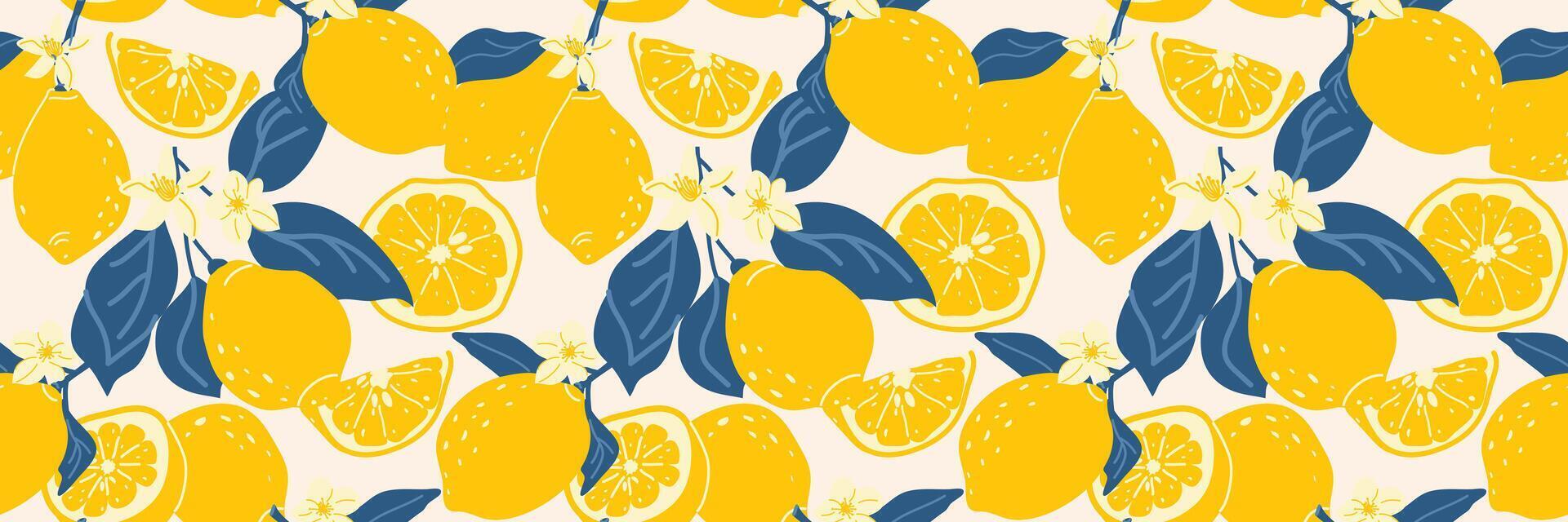 Hand-drawn vintage seamless pattern with yellow lemons on a beige background. Lemon and floral illustration for Bifold. Fashionable background for paper, covers, fabric vector