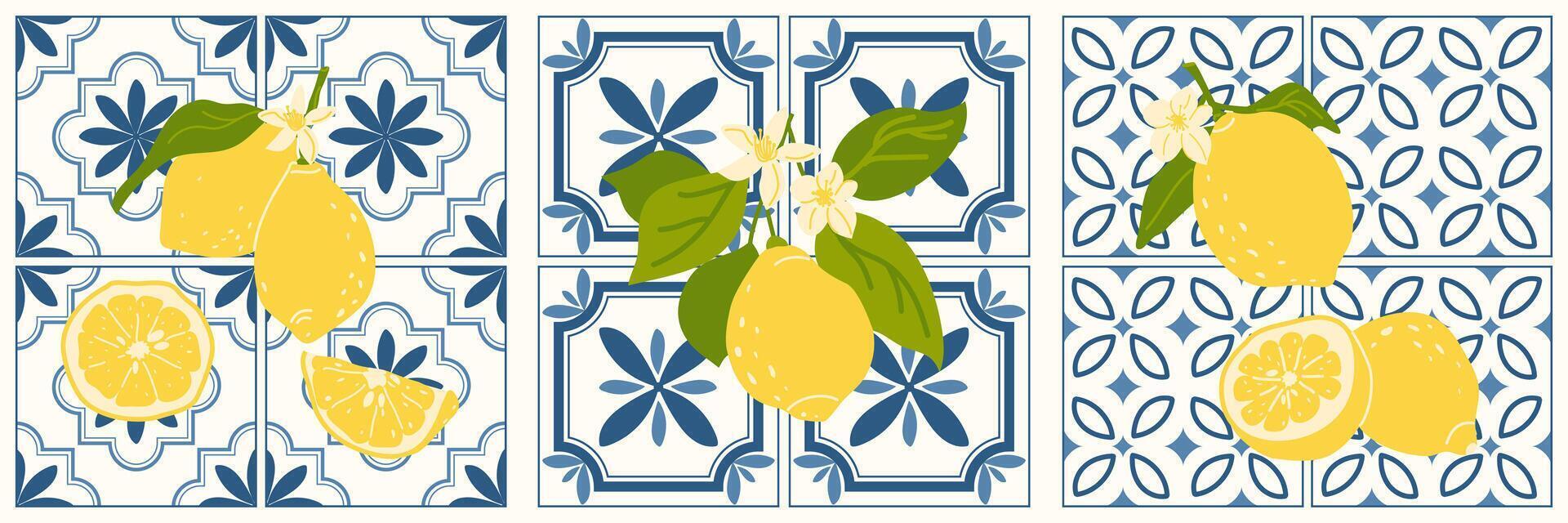 Background with Italian geometric tiles and lemon branches with flowers. Mediterranean azulejo. Traditional blue geometric background texture. vector