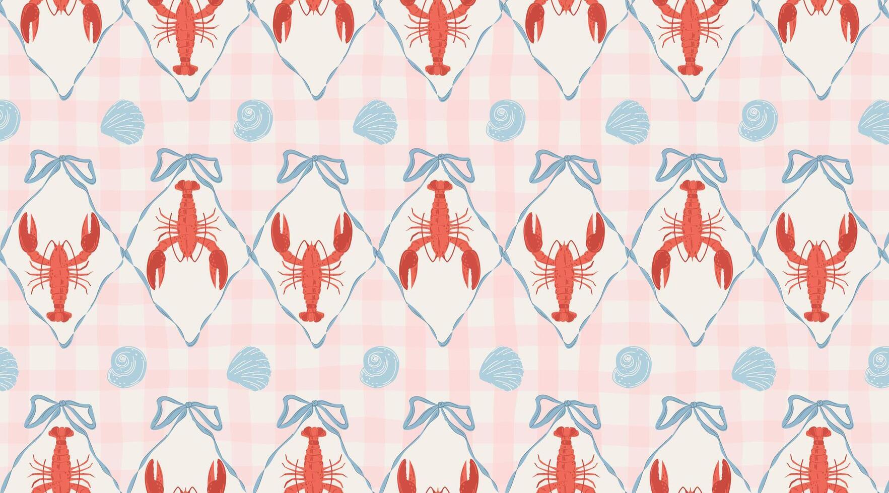 Cute nautical seamless pattern with a hand-drawn lobster in a ribbon frame and shells. Elegant vintage Mediterranean background. vector
