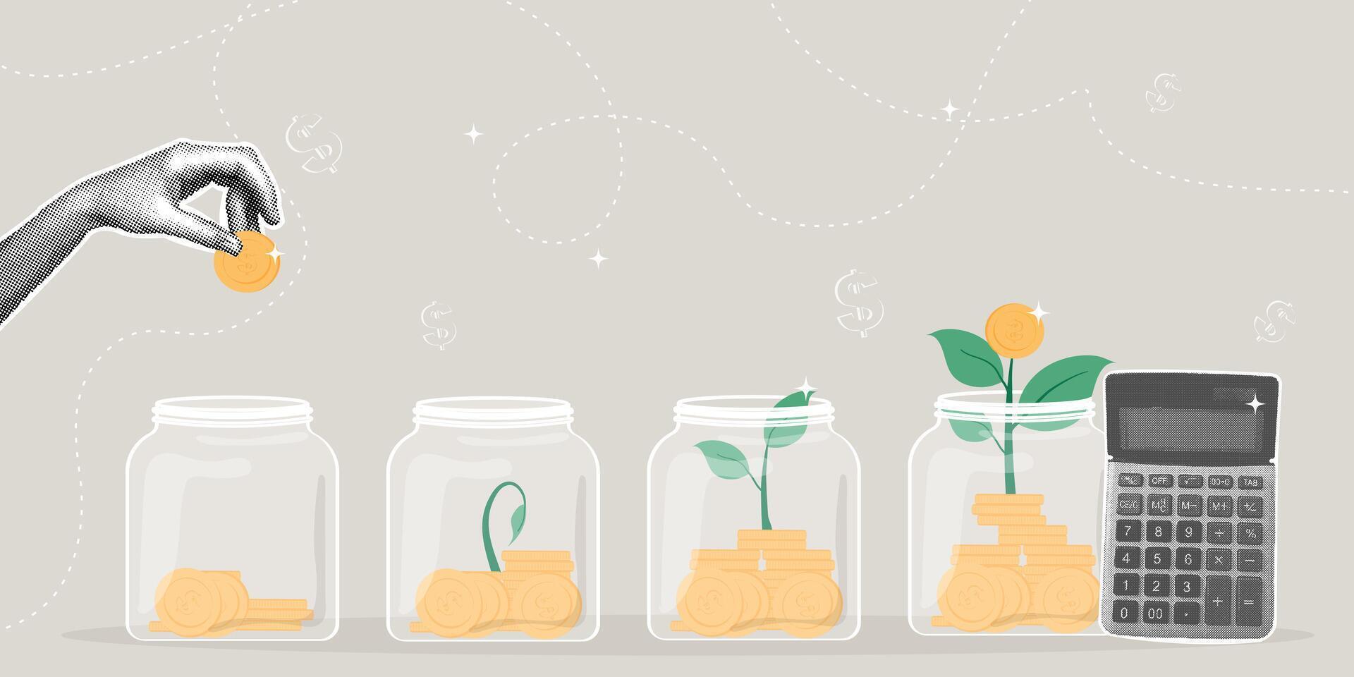 Trendy halftone collage. Concept of financial growth and investment. Concept of money growth, profit, growing tree of financial savings, financial investments, return on investment, financial vector
