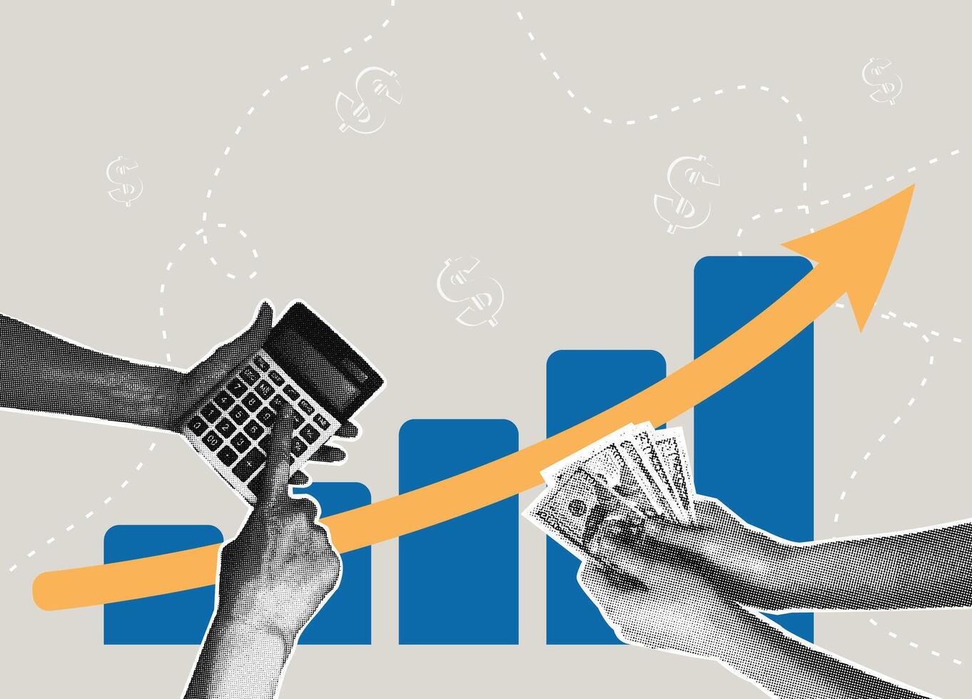 Trendy halftone collage. Financial growth and investment analysis. Concept of savings, sales chart, transactions. illustration vector