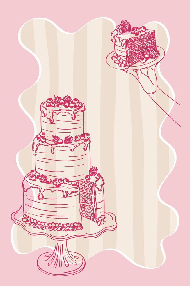 illustration in doodle style. Illustration of elegant wedding cake on striped background. Dolce vita style poster sketch. vector