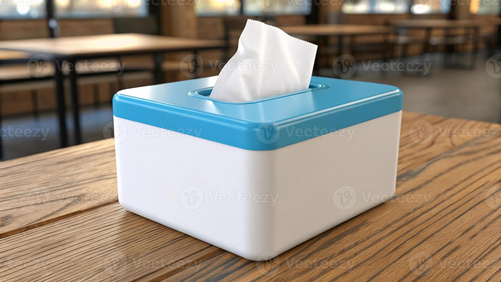 Tissue paper in blue bin on wooden table. photo