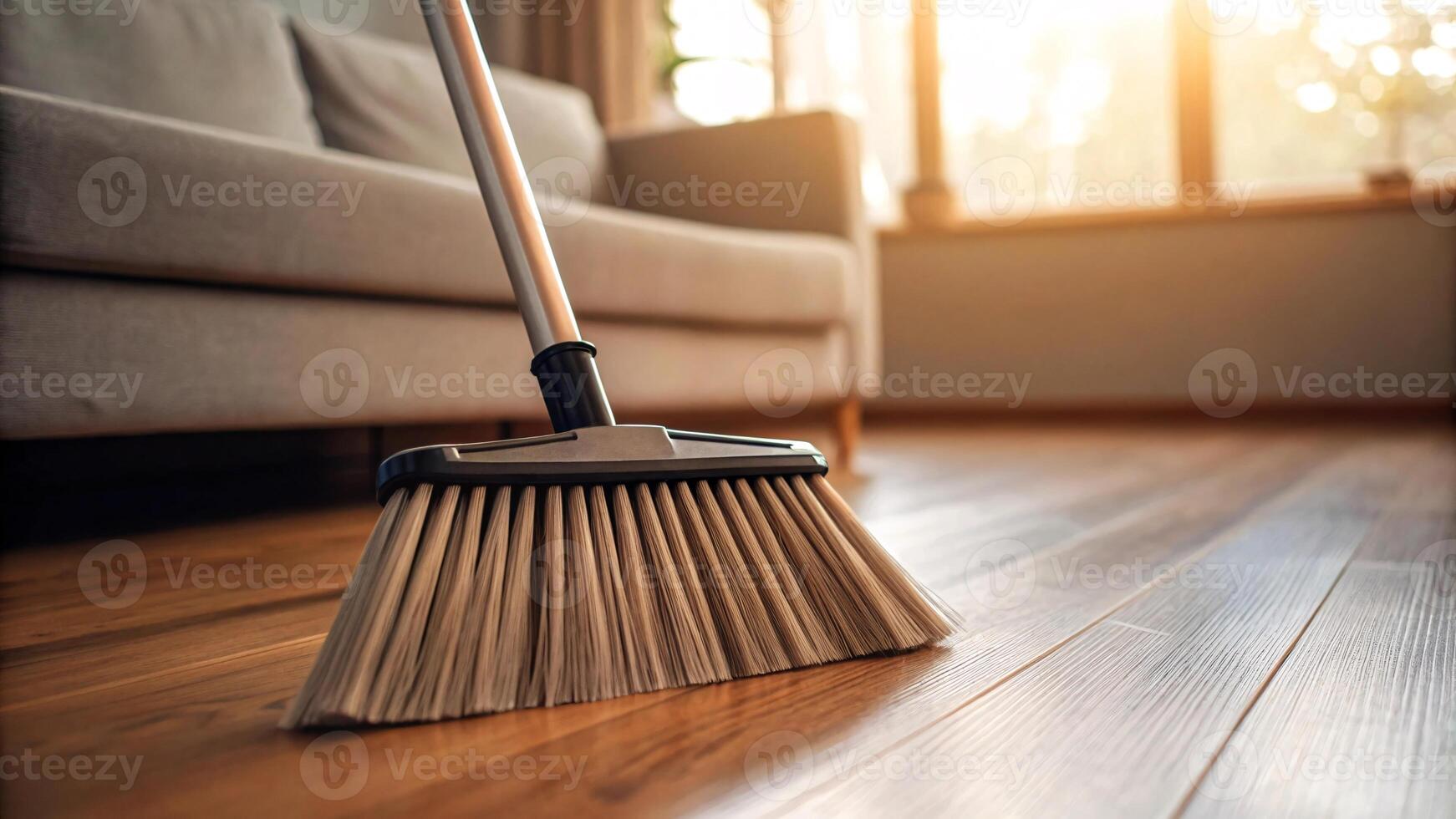 Cleaning the wooden floor with a broom in the living room. photo