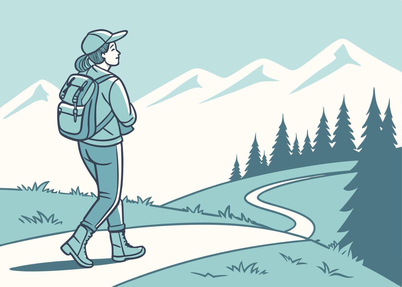 Illustration of woman hiking in mountains with backpack and cap view vector