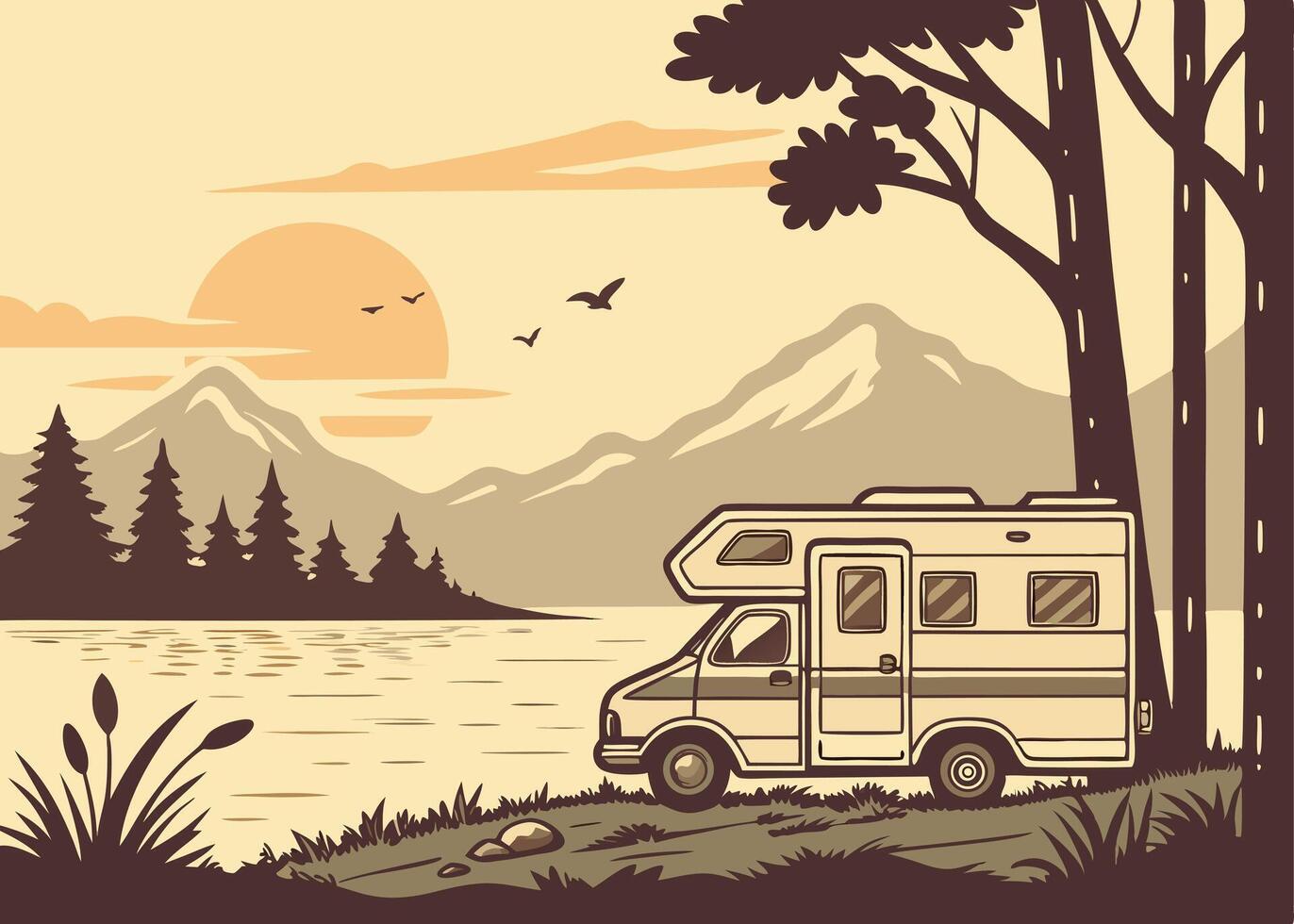 Rv camping adventure by lake with mountains and trees illustration vector