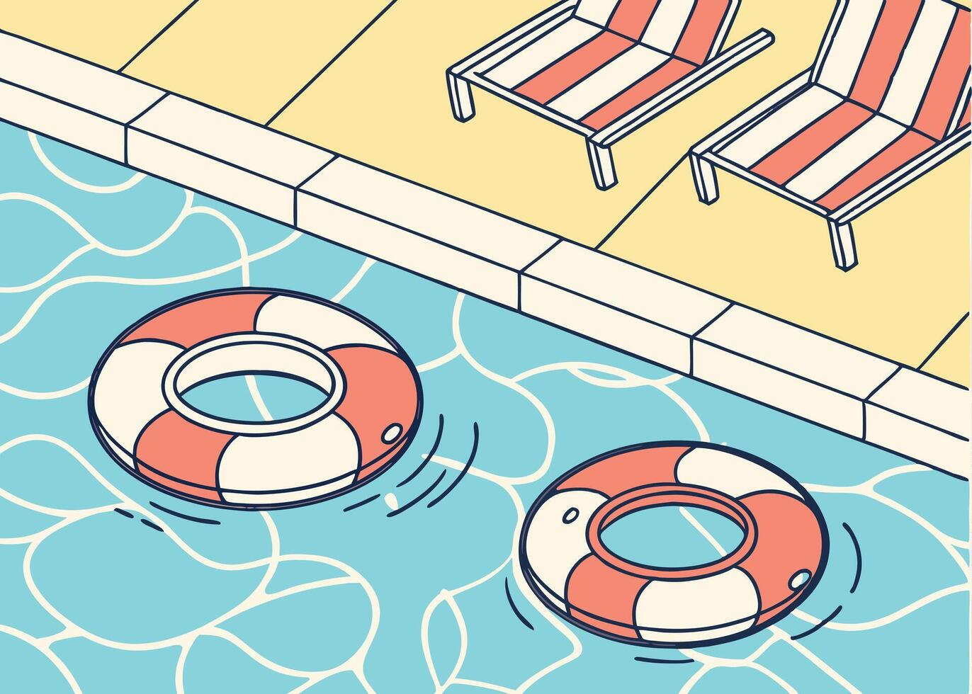 Poolside relaxation summer vacation with floats and lounge chairs view vector