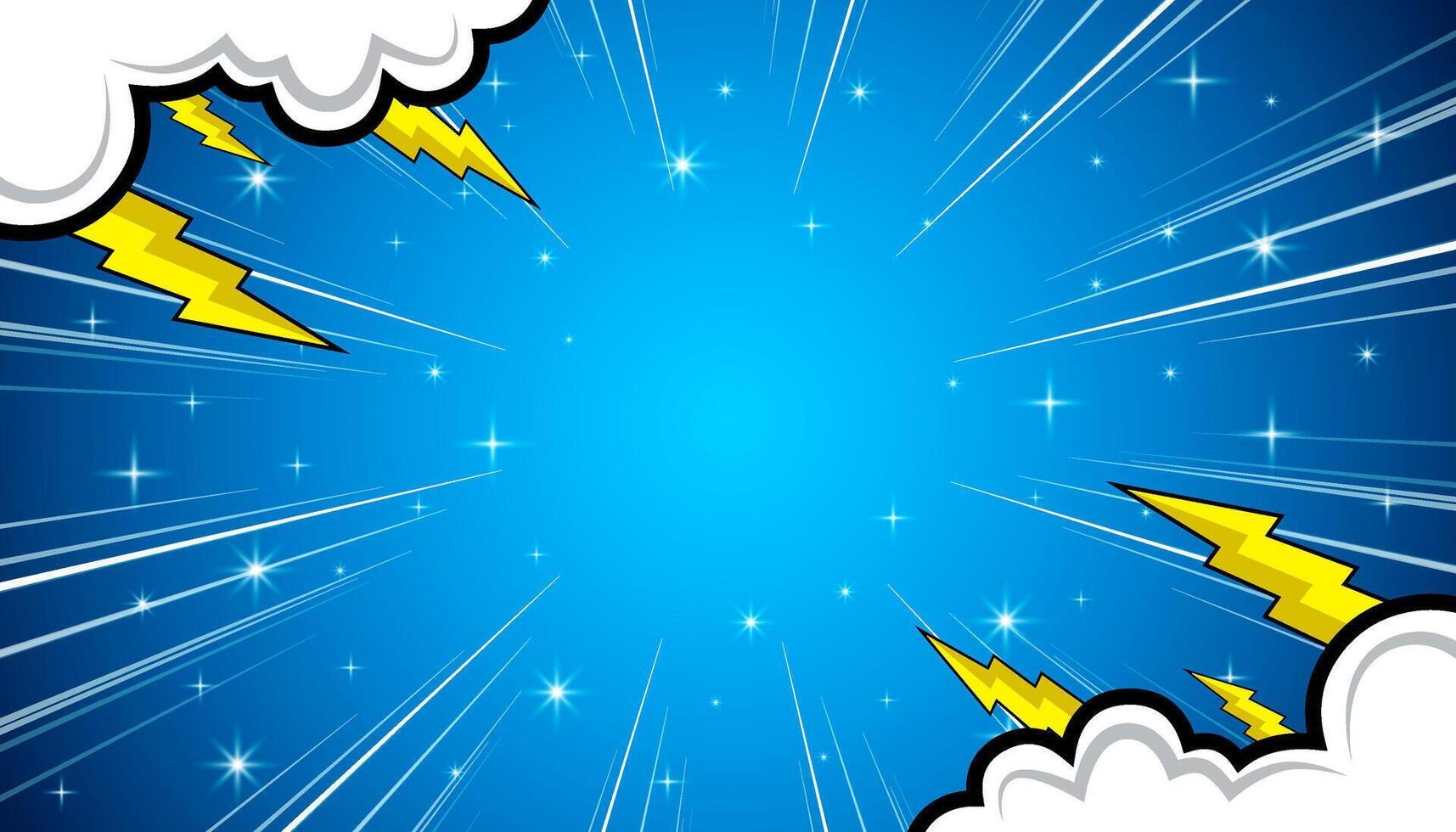 comic background with cartoon style design of clouds, lightning and stars. vector