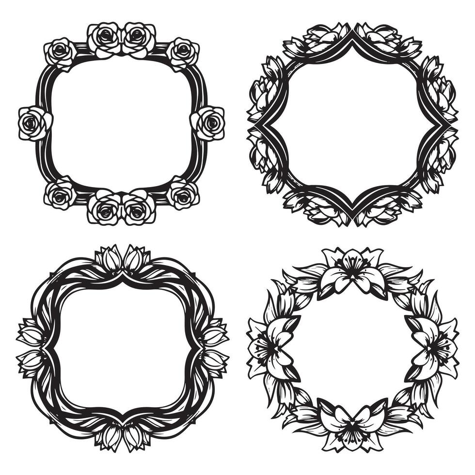 Symmetrical Design Floral Borders Decorative Line Pattern Set vector