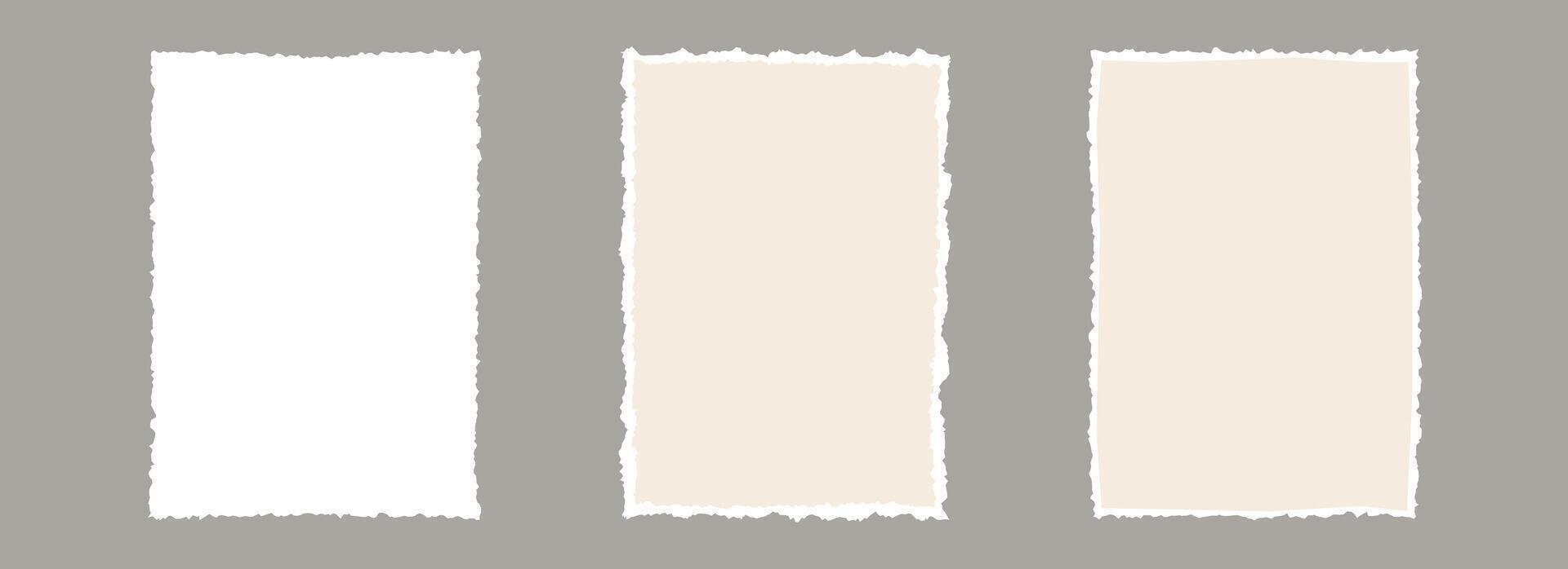 Torn paper frame backgrounds. Beige and white blank sheet wallpapers with jagged edges. Ripped grunge element bundle for poster, text box, banner, collage, sticker. Rectangle craft backdrops vector