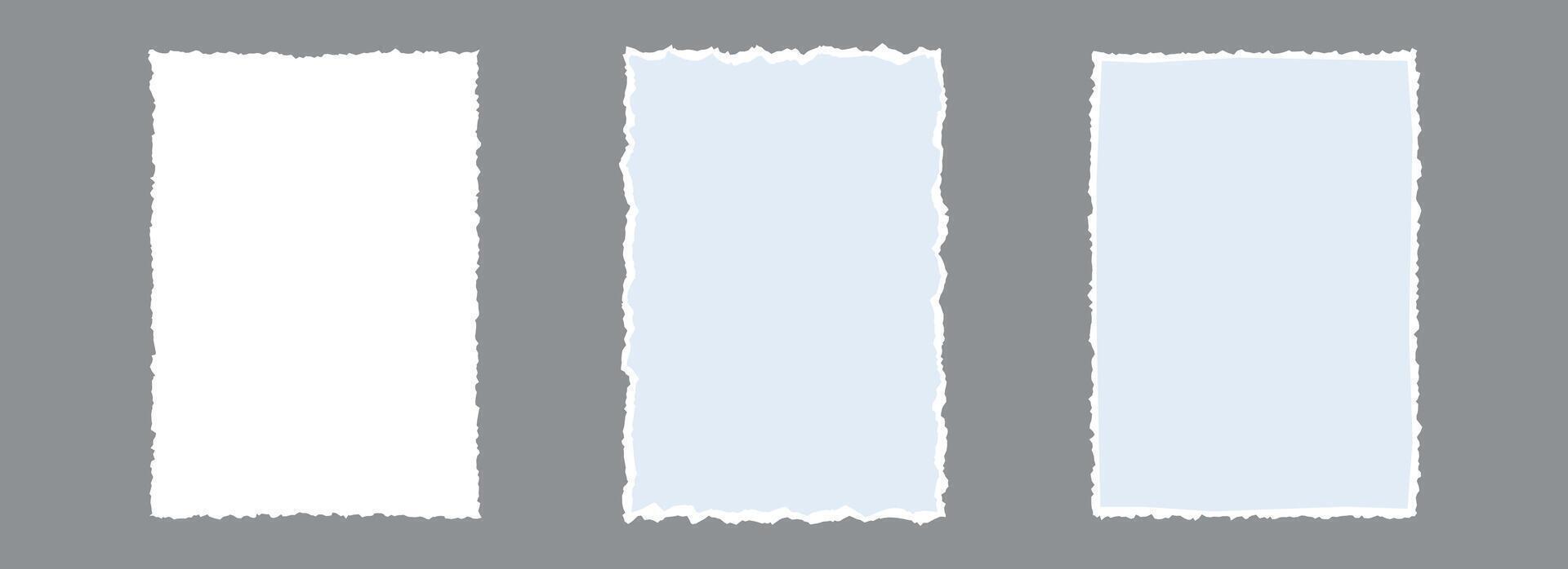 Torn paper frame backgrounds. Jagged edge paper sheet wallpapers. Ripped grunge element bundle for poster, text box, banner, collage, sticker. Blank rectangle craft backdrops vector