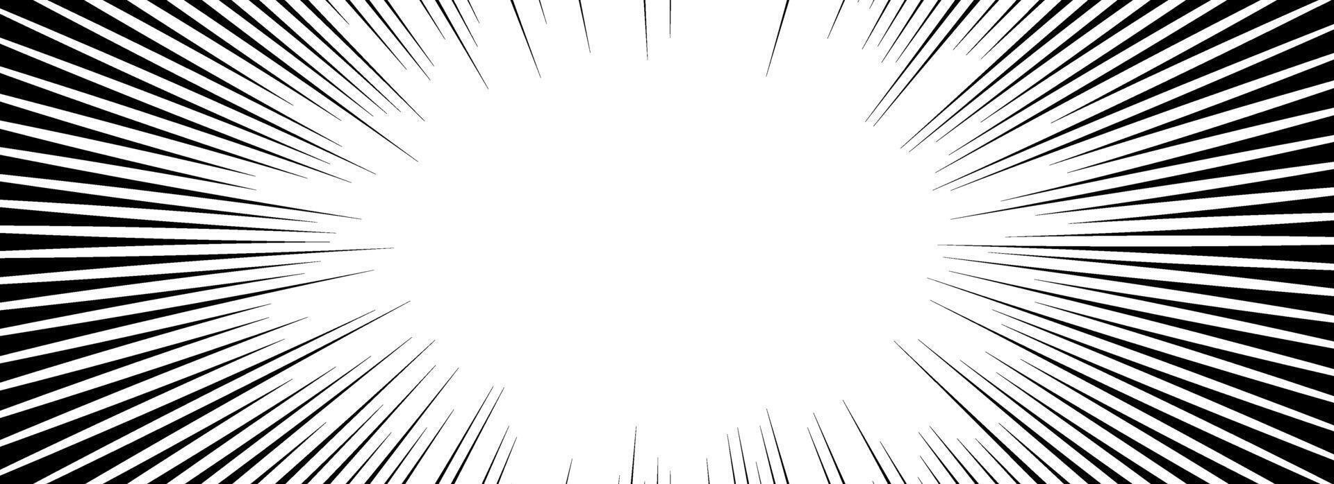 Comic speed lines background. Cartoon book sunburst background. Superhero radial line pattern frame. Manga or anime explosion wallpaper. Pop art flash beams or rays effect. Impact backdrop vector