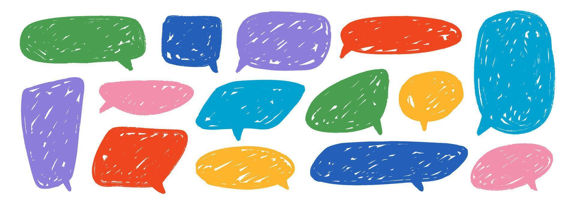 Colored hand drawn speech bubble collection. Scribbled textured dialog box set. Crayon doodled comic talk frames. Red, yellow, green balloon text box bundle. Bright sketched chat boxes pack. vector