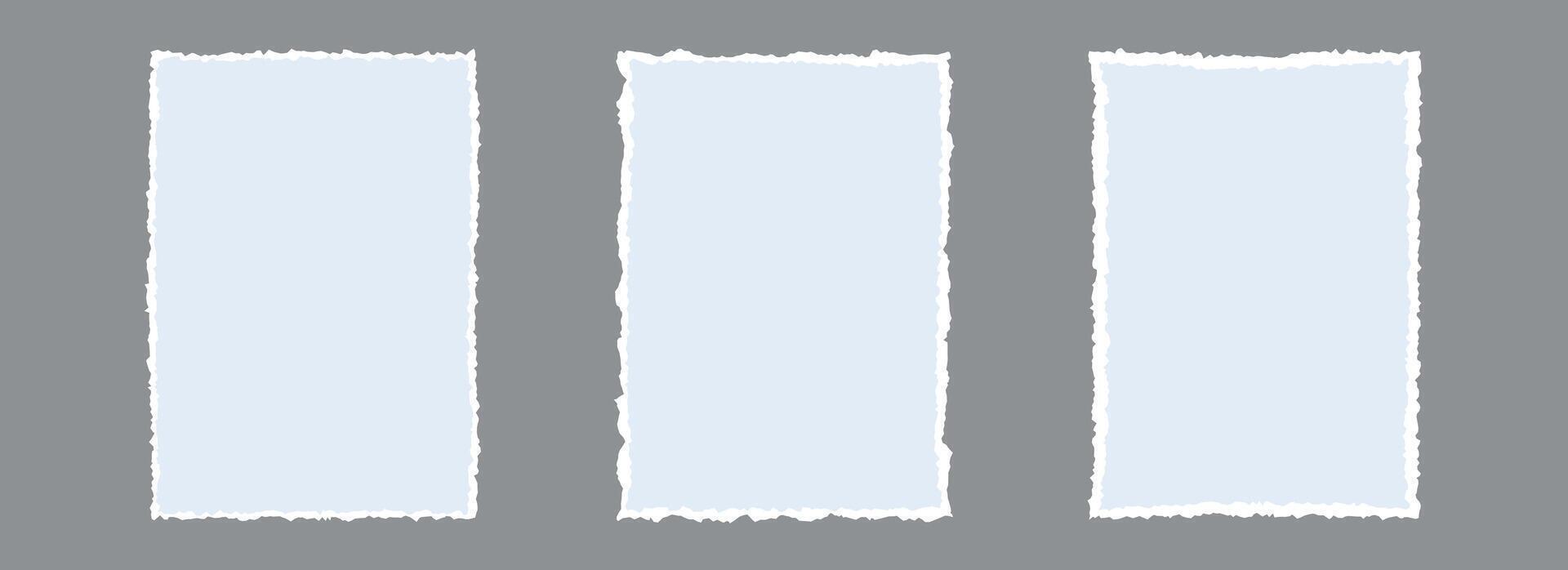 Torn paper frame backgrounds. Light blue blank sheet wallpapers with jagged edges. Ripped grunge element bundle for poster, text box, banner, collage, sticker. Rectangle craft backdrops vector