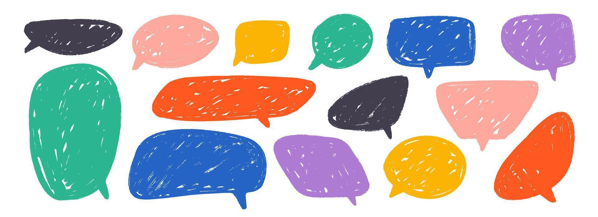 Colored hand drawn speech bubble collection. Scribbled textured dialog box set. Crayon doodled comic talk frames. Red, yellow, blue balloon text box bundle. Bright sketched chat boxes pack. vector