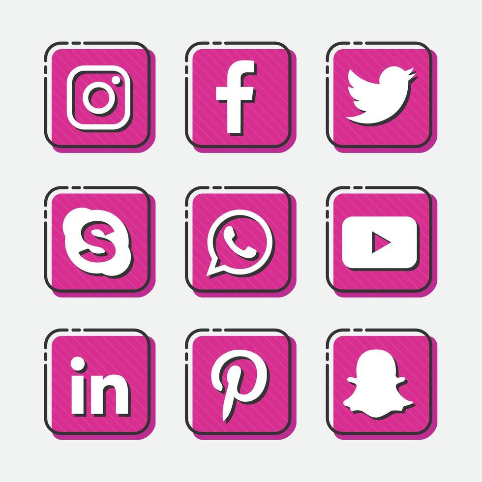 Collection of Social Media Icons with Pink Background and Black Outline vector