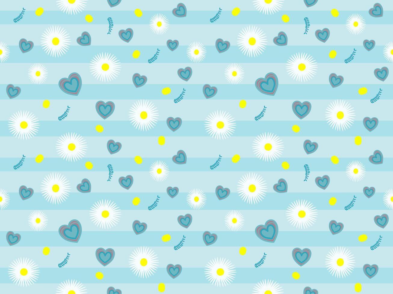 a blue and yellow pattern with hearts and flowers vector