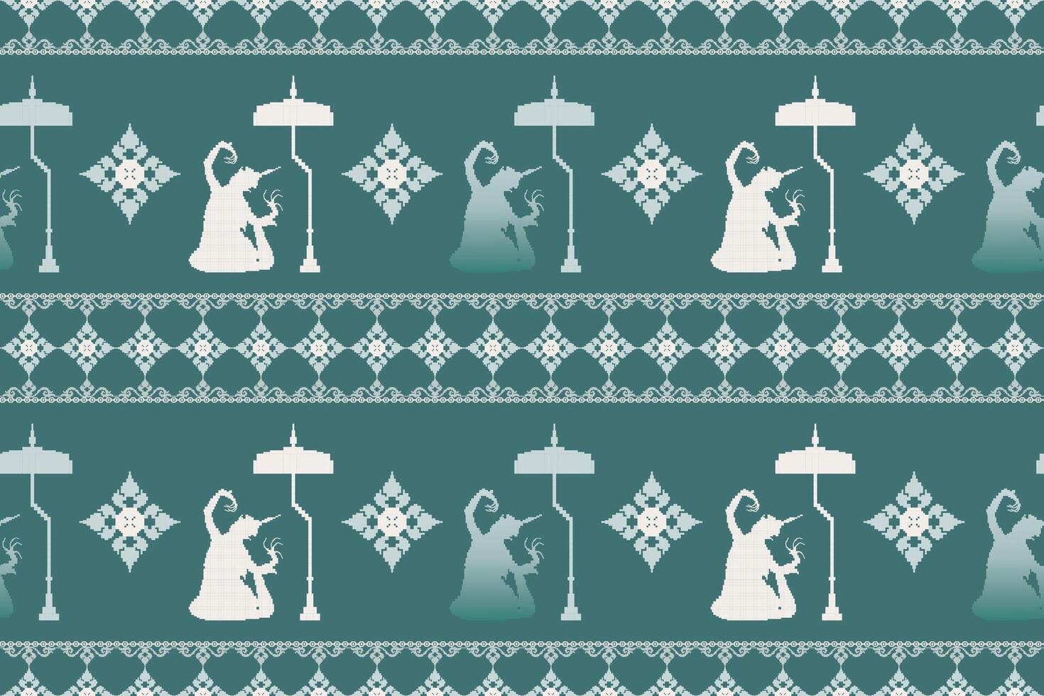 Seamless Pixel Pattern of Manorah Dance. Traditional Southern Thai Folk Performance Inspired Textile Design. vector
