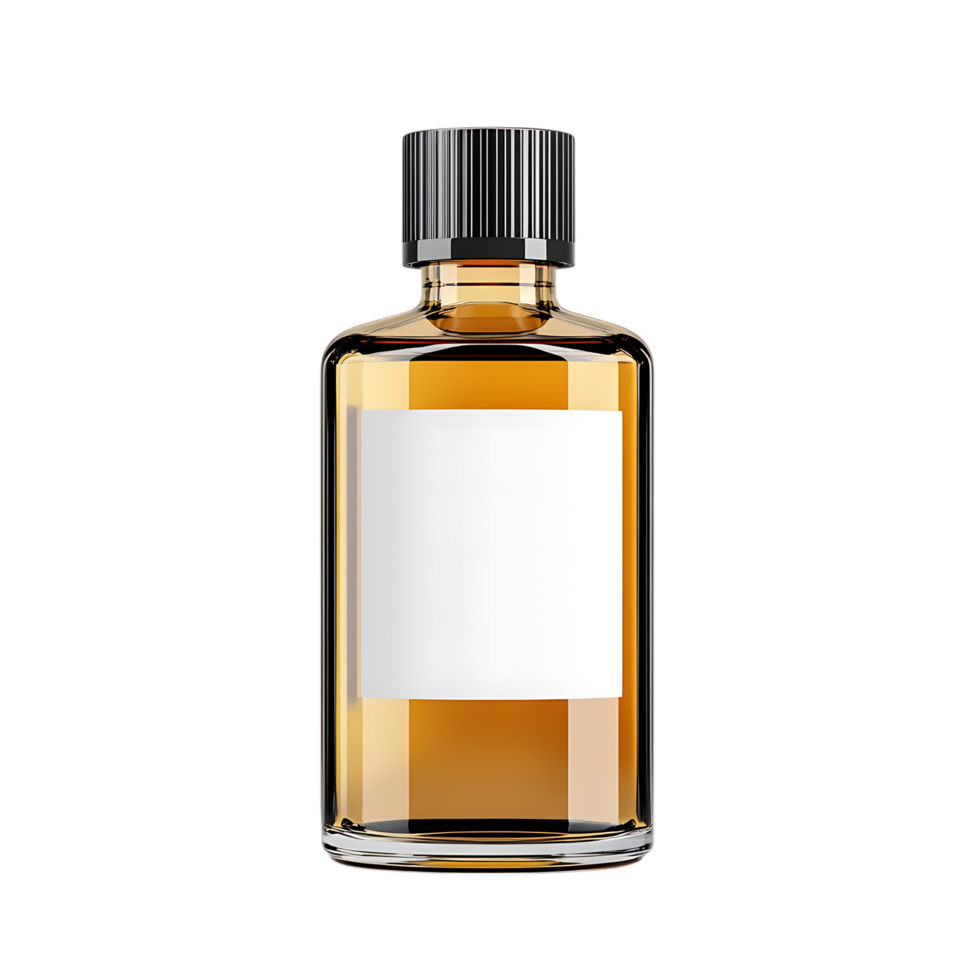 Amber glass bottle with blank label isolated png