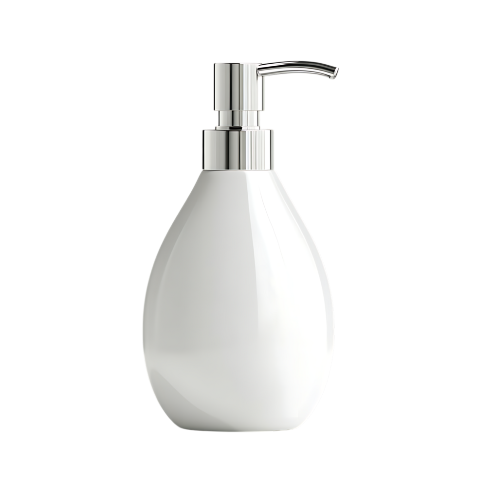 White ceramic soap dispenser with chrome pump isolated on transparent background png