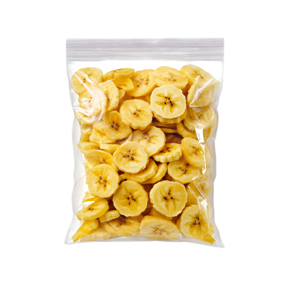 Dried banana slices in a plastic bag isolated on transparent background png