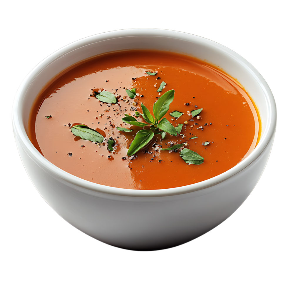 Delicious tomato soup in white bowl isolated on a transparent background png