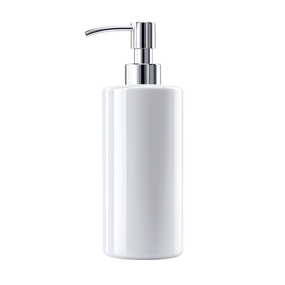 White cylindrical soap dispenser with chrome pump isolated on transparent background png