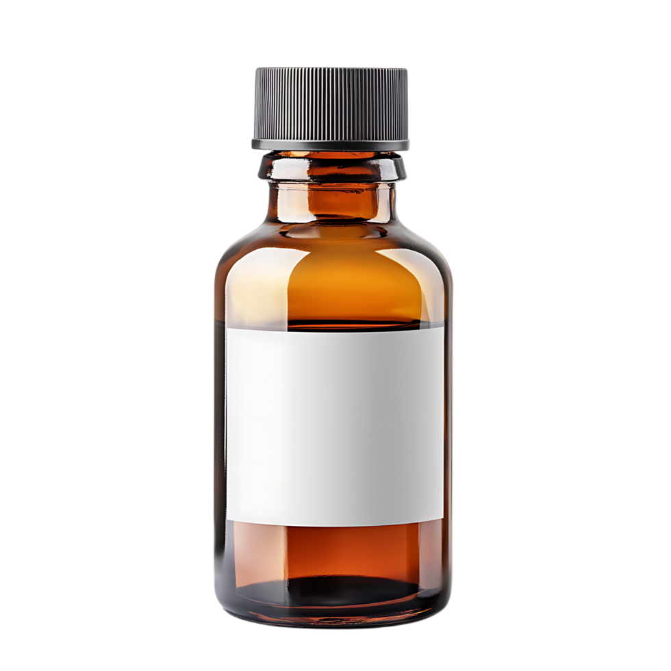 Amber glass bottle with blank label isolated on a transparent background png
