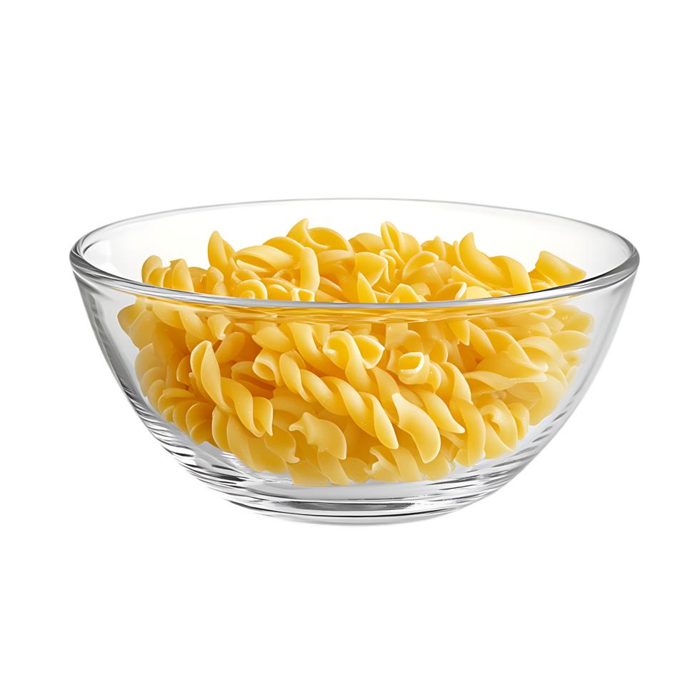 Raw rotini pasta in glass bowl isolated on transparent background png