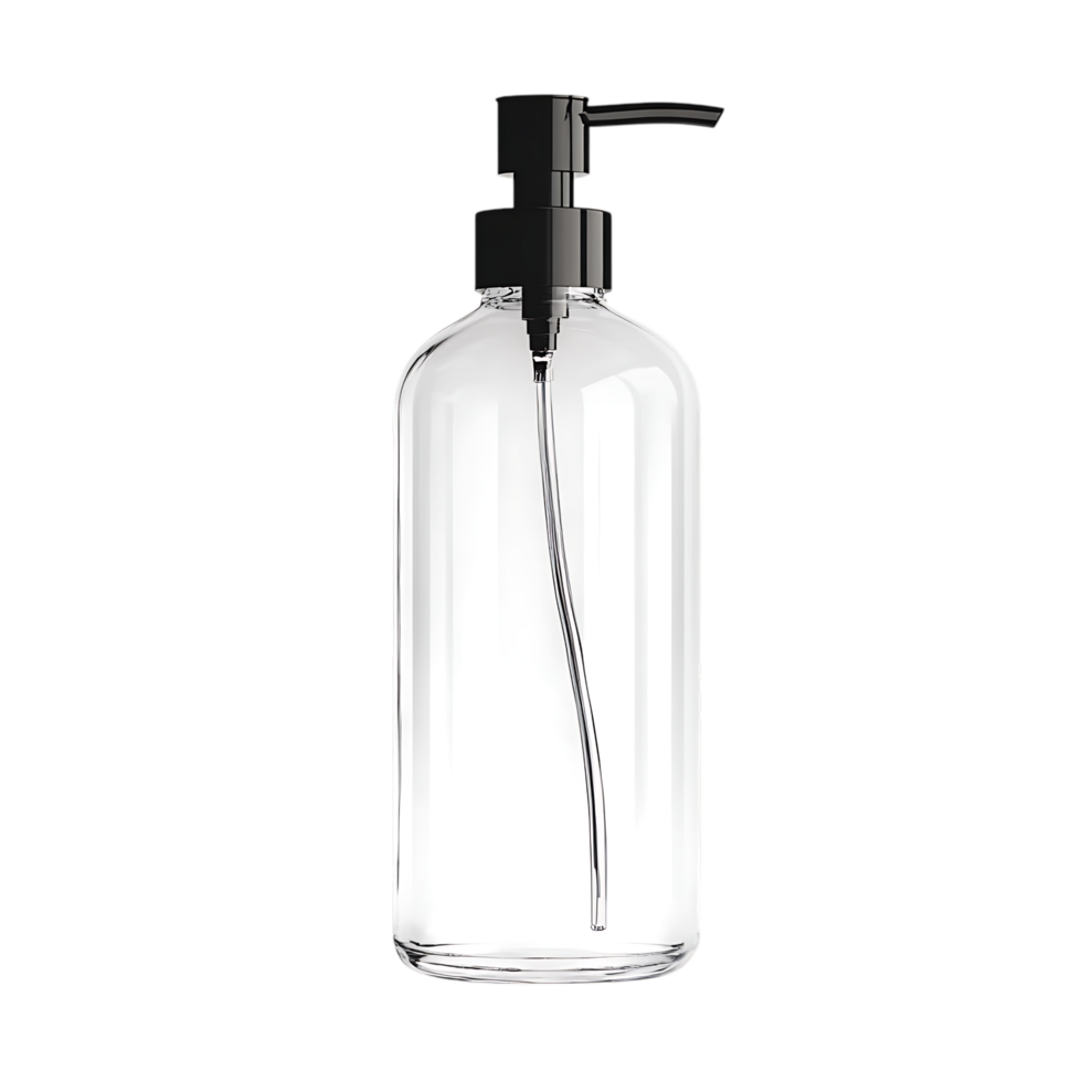 Clear glass soap dispenser bottle with black pump isolated on transparent background png