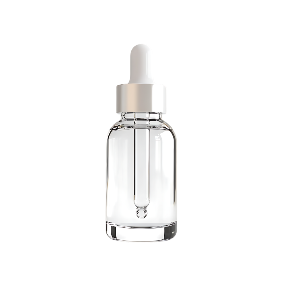 Clear glass dropper bottle with white cap isolated on transparent background png