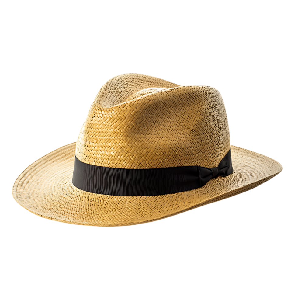 Beige straw fedora hat with black ribbon isolated on transparent background png